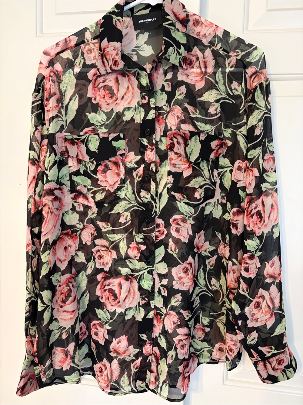 The Kooples Black Sheer Skirt with Pink Rose Print